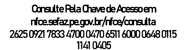 Trecho de um cupom fiscal com a chave de acesso: 2625 0921 7833 4700 0470 6511 6000 0648 0115 1141 0405